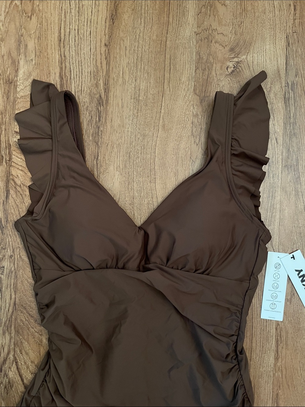 NWT DKNY Ruffle Plunge Underwire Tummy Control One Piece Swimsuit Mocha - Picture 5 of 8